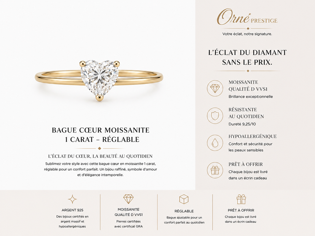 Bague Cœur Sabrina en  Moissanite – Réglable 1 Carat