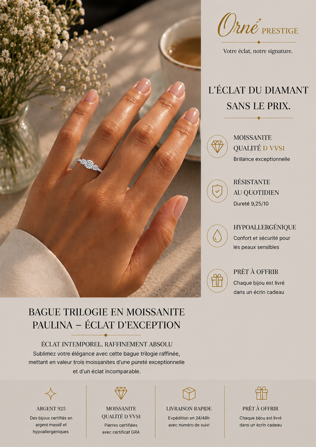 Bague Trilogie Paulina – 1 Carat centrale - Éclat Intemporel