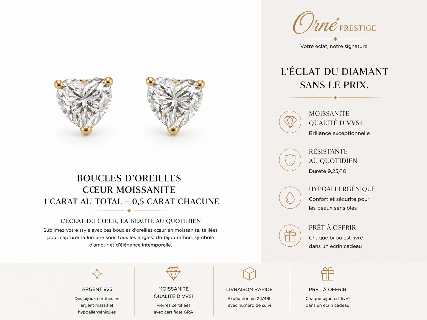 Boucles Cœur Sabrina en Moissanite 1 Carat – Brillance Diamant Sans le Prix