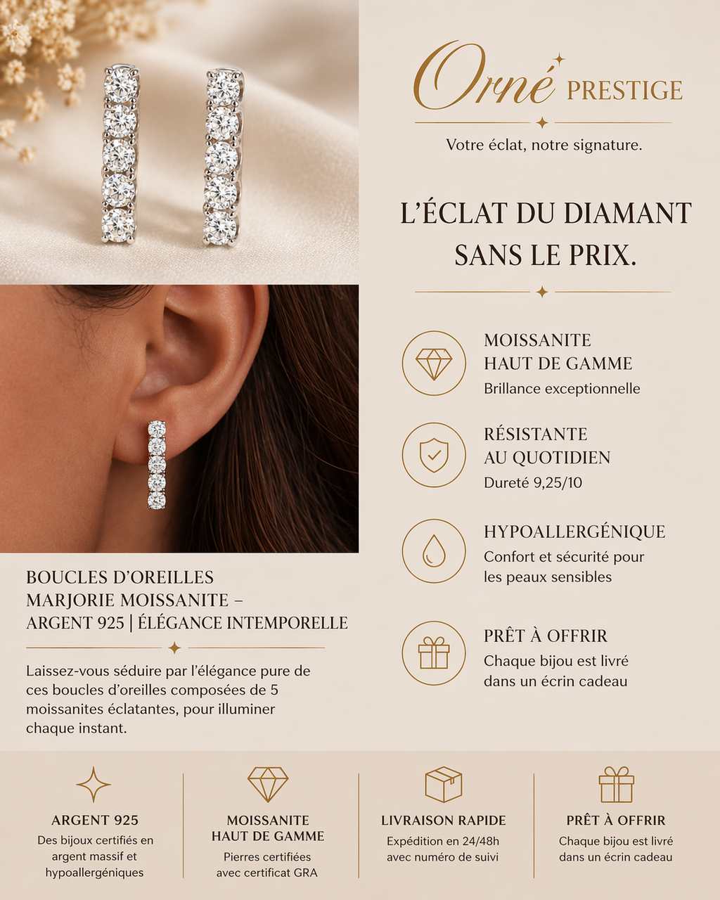 Boucles d’Oreilles Marjorie Moissanite – Argent 925 | Élégance Intemporelle