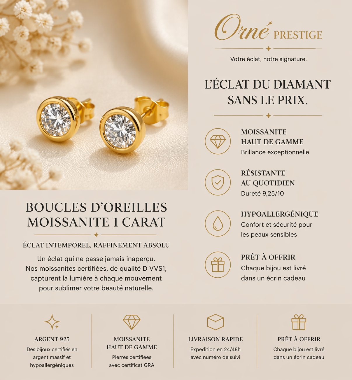 Boucles d’oreilles Moissanite 1 Carat Carla – Éclat Exceptionnel