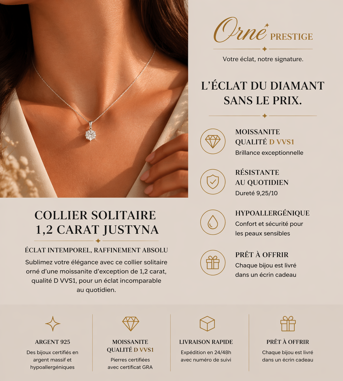 Collier Solitaire 1,2 Carat Justyna – Argent 925 Poinçonné