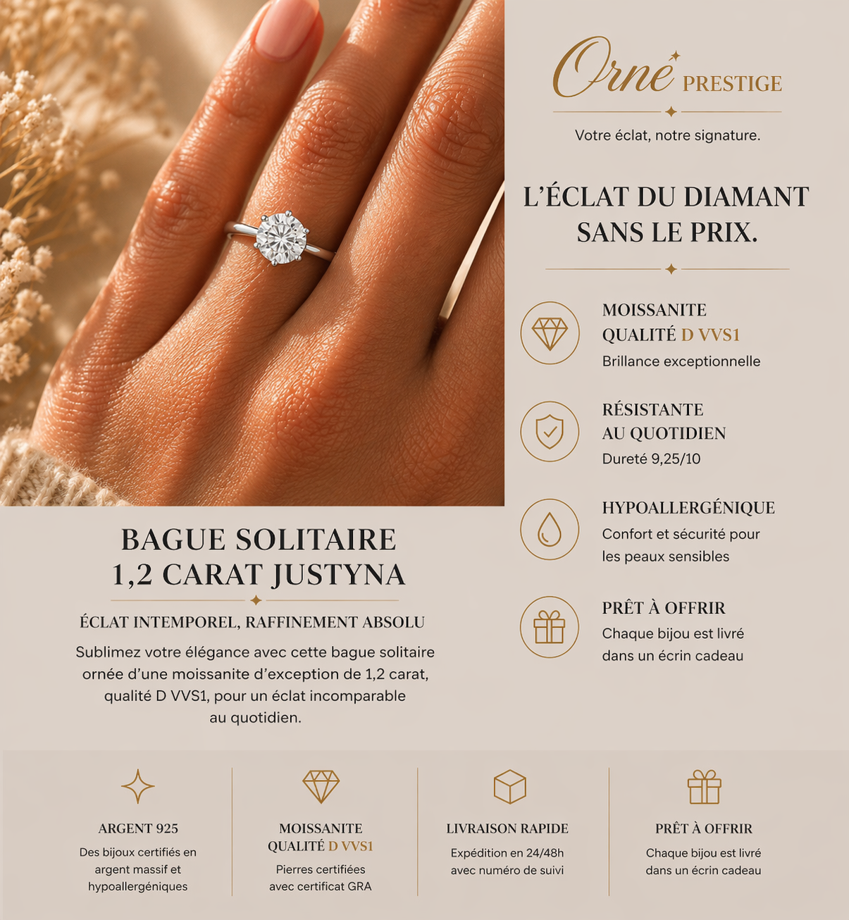 Bague Solitaire 1 Carat Justyna – 6 Griffes en Argent 925