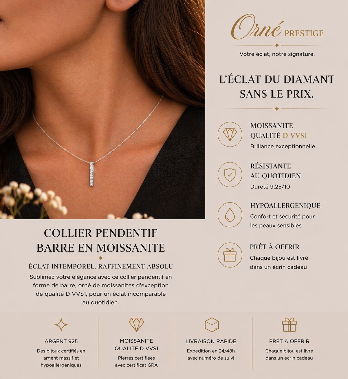 Collier Barre Moissanite Vannina – Élégance Intemporelle