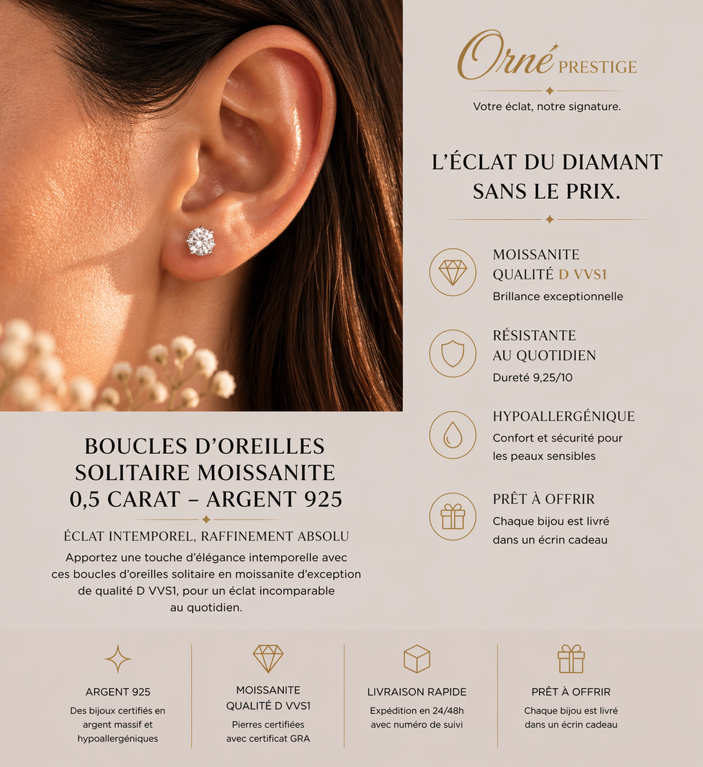 Boucles d’Oreilles Solitaire Moissanite 0,5 Carat Justyna – Argent 925 Poinçonné – Certificat GRA