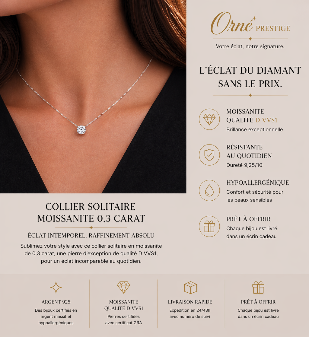 Collier Solitaire Moissanite 0,3 Carat Christina – Argent 925 Poinçonné – Certificat GRA