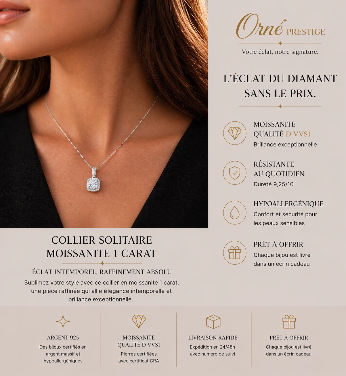 Collier Moissanite 1 Carat Anaëlle – Élégance Intemporelle