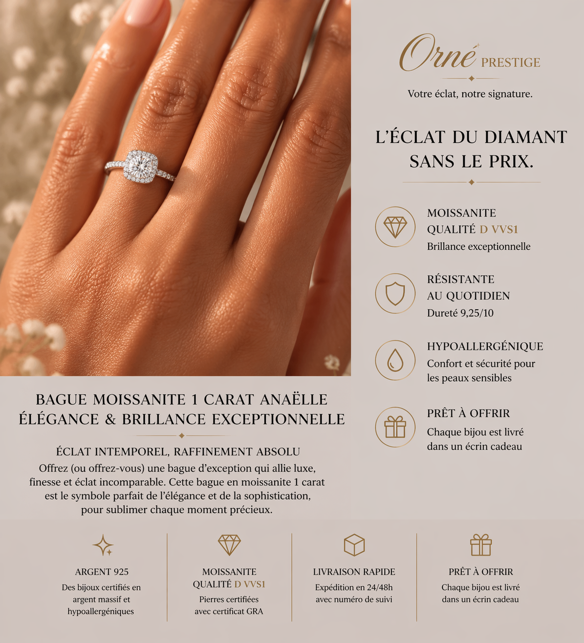 Bague Moissanite 1 Carat Anaëlle – Élégance & Brillance Exceptionnelle