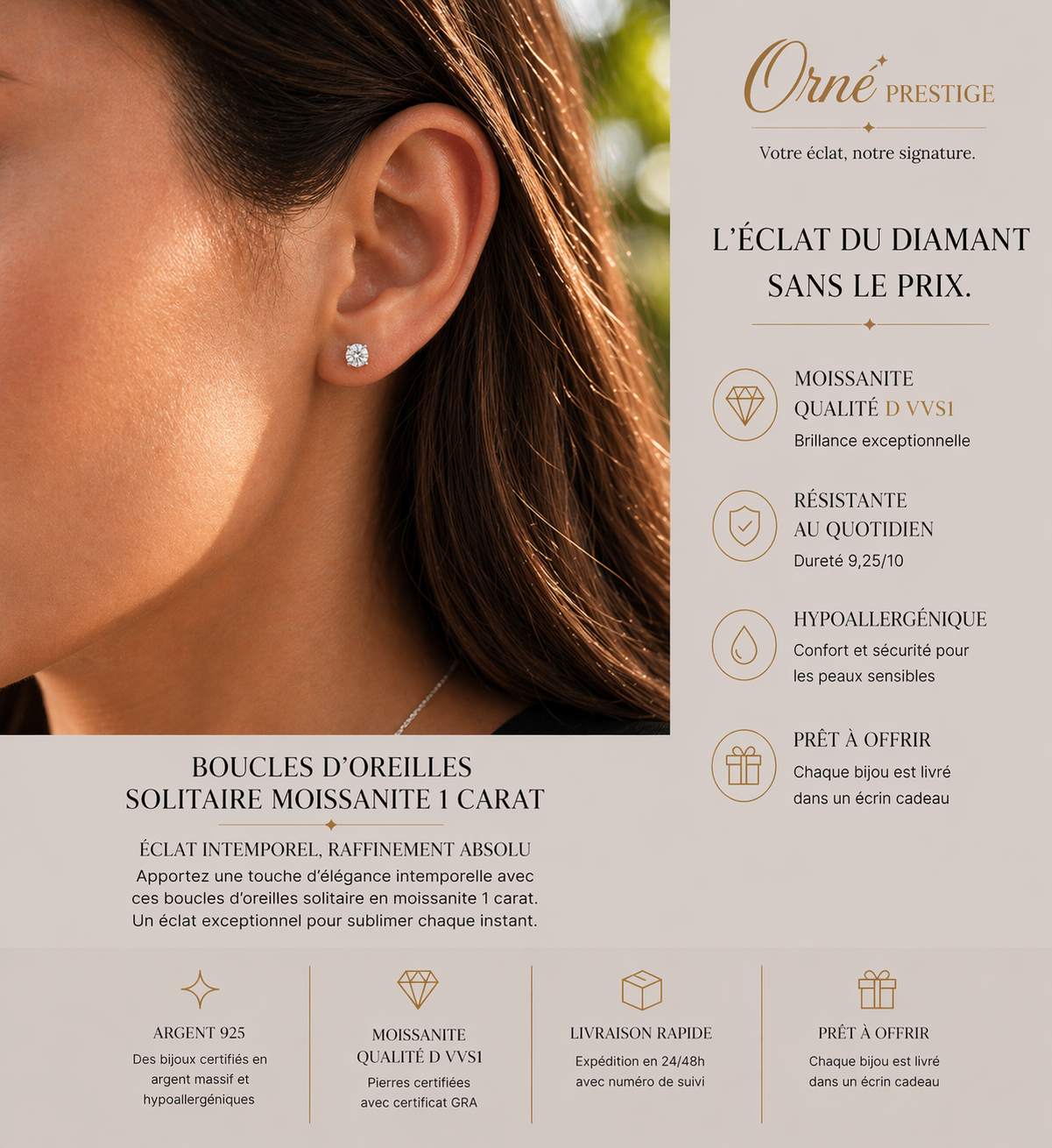 Boucles d’Oreilles Moissanite Christina – 1 Carat Total (0,5 ct chacune)
