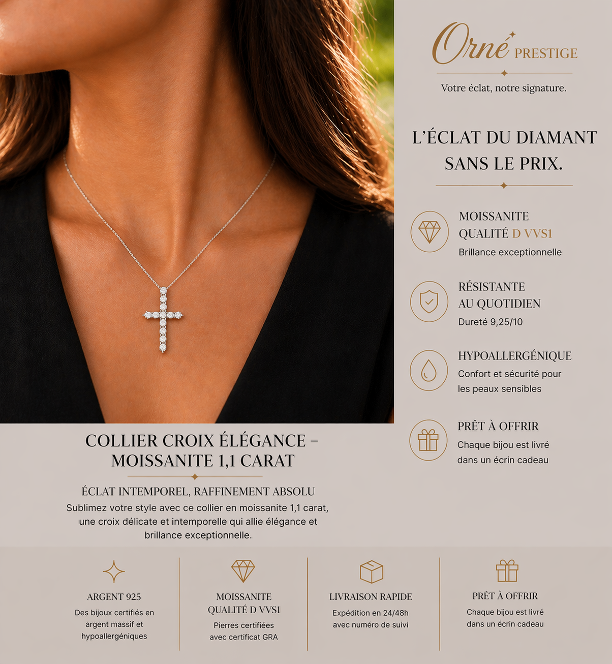 ✨ Collier Croix Élégance  Maylisse – Moissanite 1,1 Carat