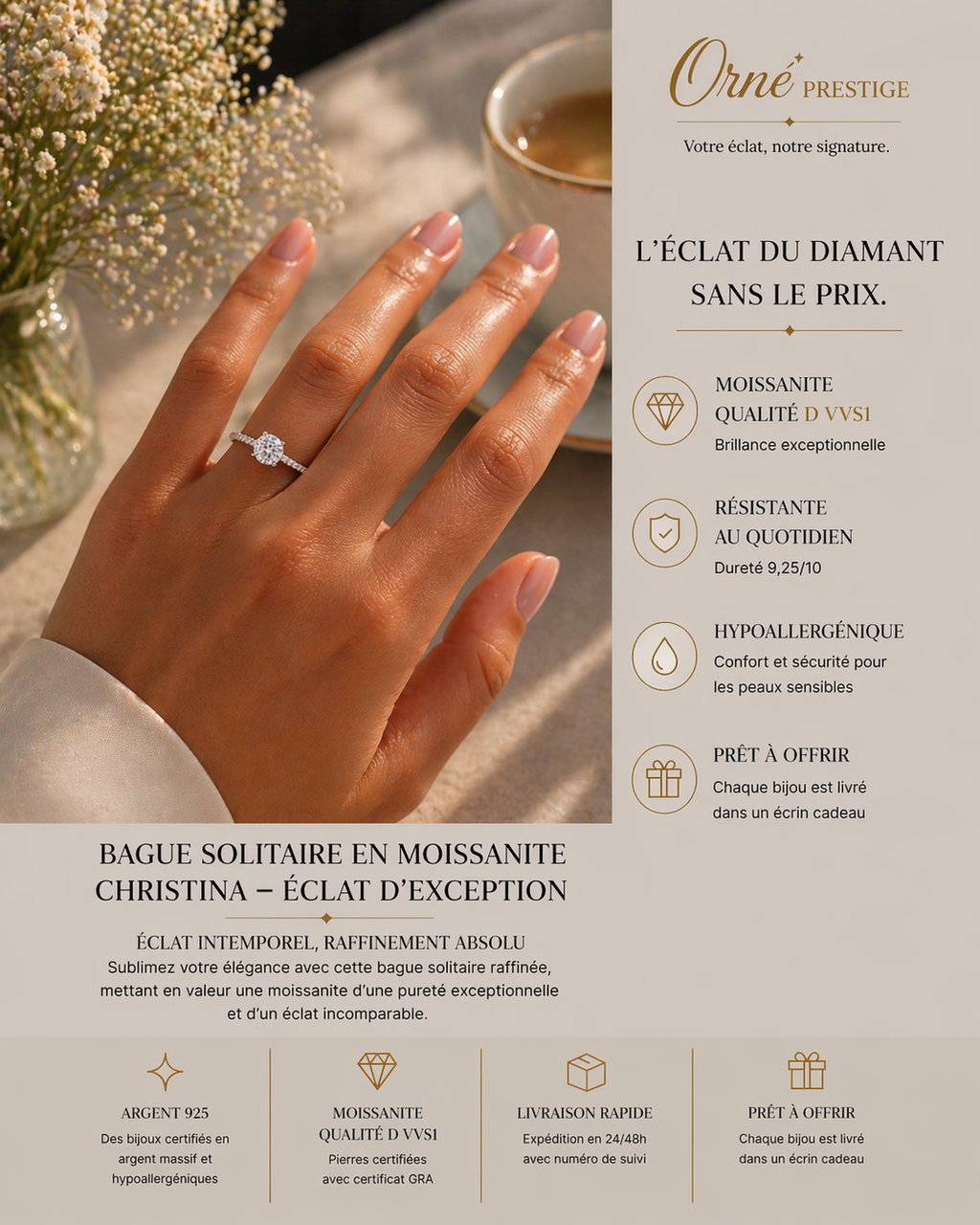 Bague solitaire en Moissanite Christina – Éclat d’exception