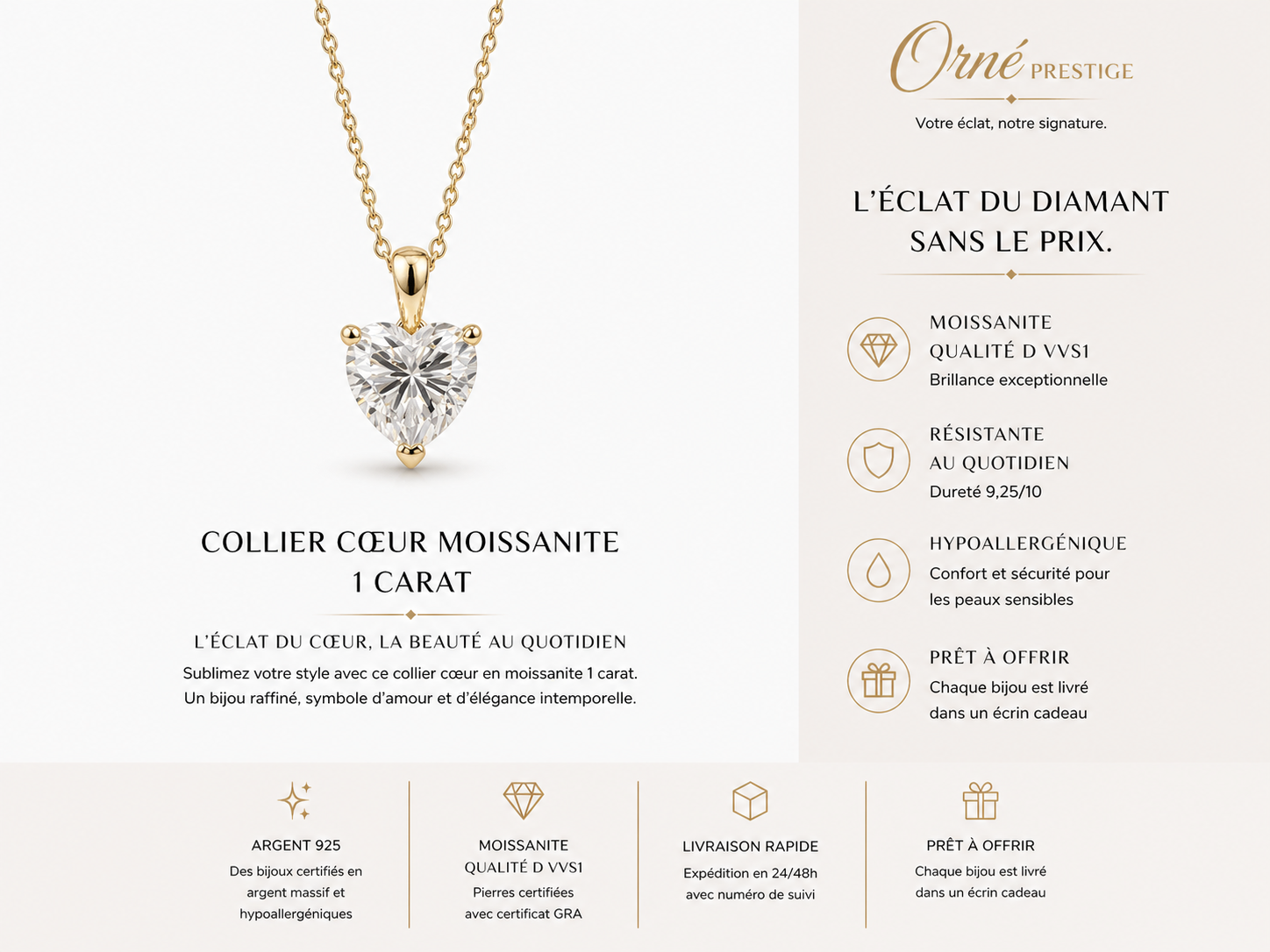 Collier Cœur Sabrina en Moissanite – 1 Carat (Argent 925 Doré)